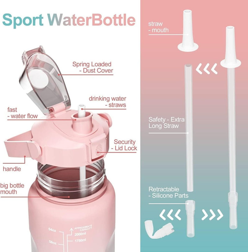 Load image into Gallery viewer, Uootach waterfles, 2 liter sportfles, geïnspireerde tijdmarkeerder, fles met rietje, BPA-vrij, waterdicht, lichtgewicht en herbruikbaar, geschikt voor sport, fitness, outdoor, wandelen (roze) - happygetfit.com
