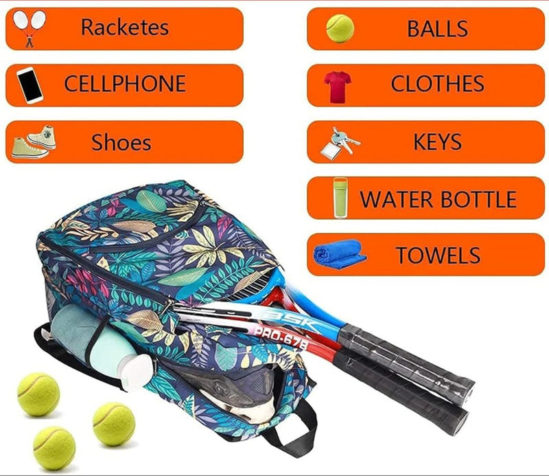 Laad afbeelding in Galerijviewer, De &quot;Upgrade je tennisgame met onze stijlvolle en functionele tennistas met schoenenvak!&quot; is een duurzame tennistas van polyesterweefsel met bloemenmotief, met ruime vakken voor rackets, ballen, handdoek, waterfles en speciale zakken voor essentiële spullen zoals een mobiele telefoon, kleding, schoenen en sleutels.
