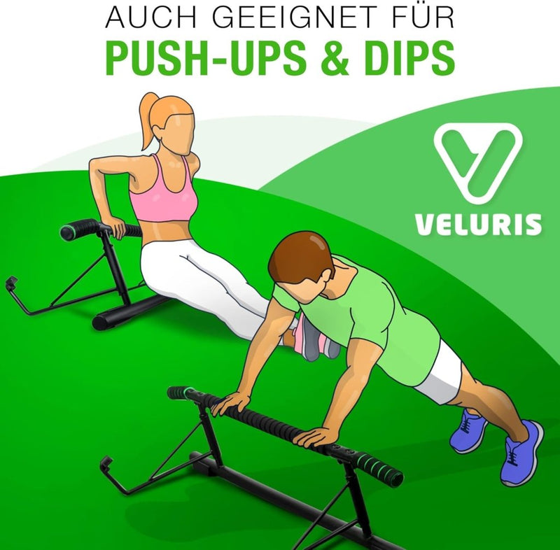 Laad afbeelding in Galerijviewer, Veluris Optrekstang voor deurkozijnen - Zware optrekstang [tot 200 kg] - Deurstang zonder montage - 20 cm hoger in het kozijn - Ook voor dips en push-ups (rond) - happygetfit.com
