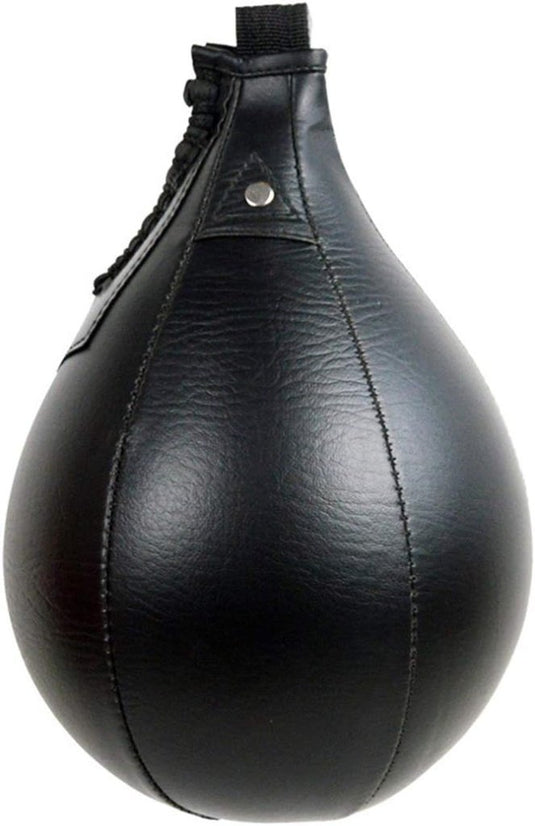 De peervormige speedball, ontworpen om reflexen aanscherpen te verfijnen, is voorzien van strak zwart leer met nauwkeurige stiksels en een handige ophanglus. Verbeter je snelheid en precisie! 🥊🔥.