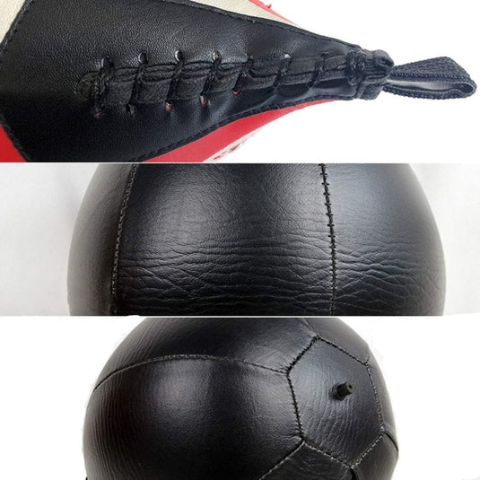 Close-up van Verbeter je snelheid en precisie met deze peervormige speedball! 🥊🔥in zwart en wit PU-leer, met vetersluiting aan de bovenkant, middennaaddetails en stiksels rond het ventiel. Ideaal voor reflexen aanscherpen tijdens intensieve trainingen.