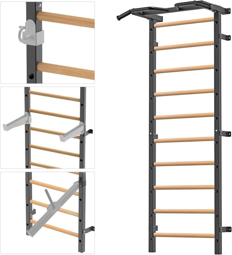 Załaduj obraz do przeglądarki galerii, Verstelbare dip bar bevestiging voor Zweedse ladder tot 150 kg – dipstation – krachttraining - happygetfit.com
