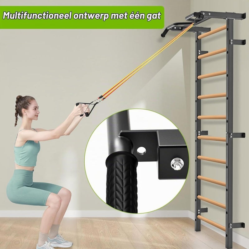 Załaduj obraz do przeglądarki galerii, Verstelbare dip bar bevestiging voor Zweedse ladder tot 150 kg – dipstation – krachttraining - happygetfit.com
