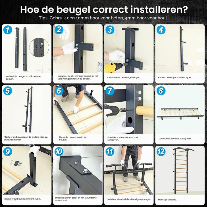 Załaduj obraz do przeglądarki galerii, Verstelbare dip bar bevestiging voor Zweedse ladder tot 150 kg – dipstation – krachttraining - happygetfit.com
