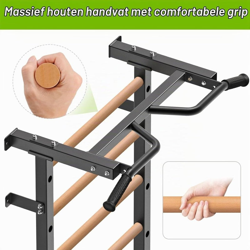 Załaduj obraz do przeglądarki galerii, Verstelbare dip bar bevestiging voor Zweedse ladder tot 150 kg – dipstation – krachttraining - happygetfit.com
