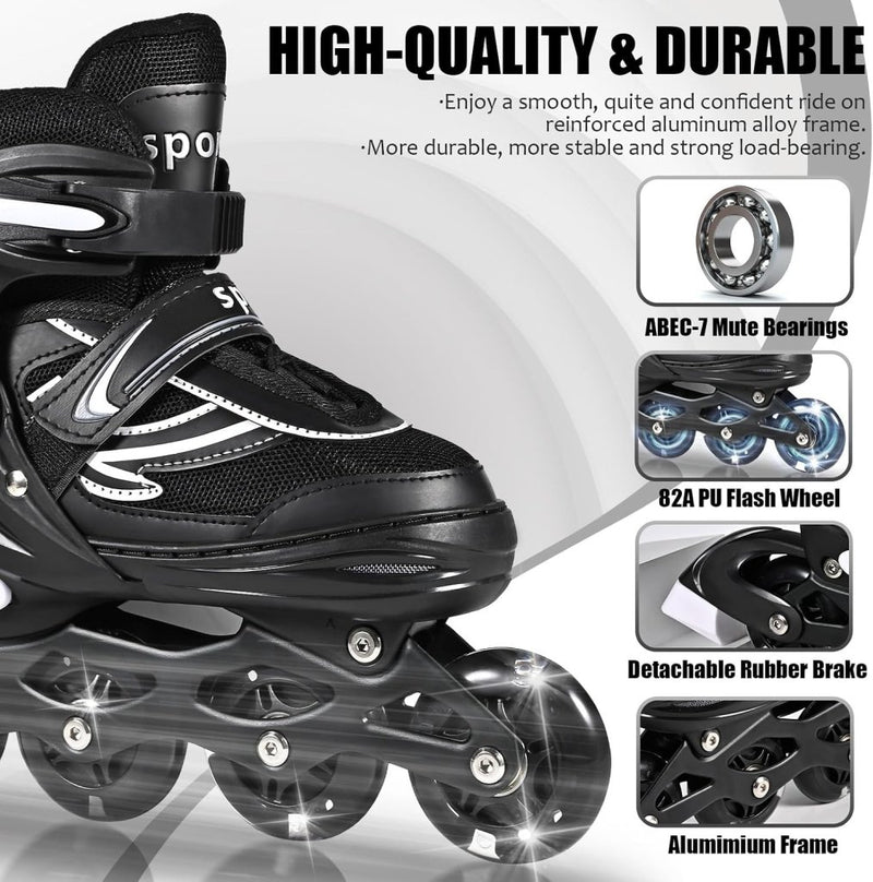 Laad afbeelding in Galerijviewer, Verstelbare kinderen inline skates voor jongens en meisjes, 4-wielige Zwart en wit inline skates voor tieners en volwassenen met lichtgevende wielen voor sport - happygetfit.com
