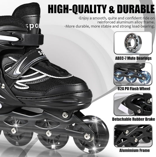 Verstelbare kinderen inline skates voor jongens en meisjes, 4-wielige Zwart en wit inline skates voor tieners en volwassenen met lichtgevende wielen voor sport - happygetfit.com