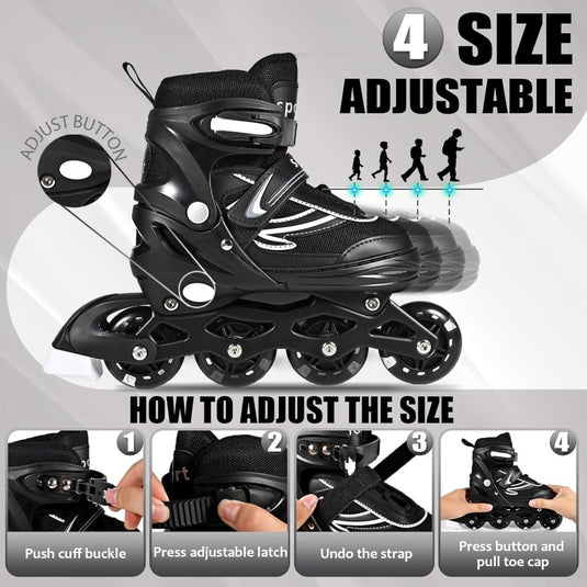 Verstelbare kinderen inline skates voor jongens en meisjes, 4-wielige Zwart en wit inline skates voor tieners en volwassenen met lichtgevende wielen voor sport - happygetfit.com