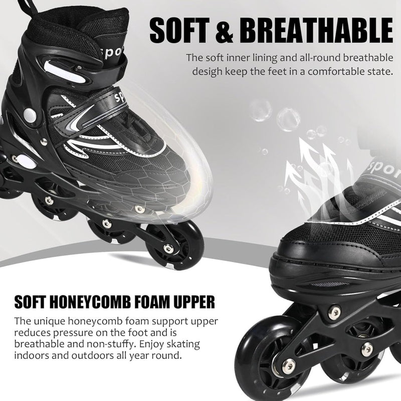 Laad afbeelding in Galerijviewer, Verstelbare kinderen inline skates voor jongens en meisjes, 4-wielige Zwart en wit inline skates voor tieners en volwassenen met lichtgevende wielen voor sport - happygetfit.com
