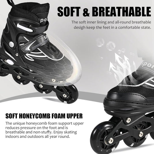 Verstelbare kinderen inline skates voor jongens en meisjes, 4-wielige Zwart en wit inline skates voor tieners en volwassenen met lichtgevende wielen voor sport - happygetfit.com