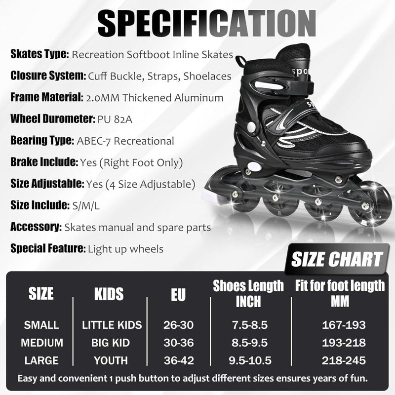 Laad afbeelding in Galerijviewer, Verstelbare kinderen inline skates voor jongens en meisjes, 4-wielige Zwart en wit inline skates voor tieners en volwassenen met lichtgevende wielen voor sport - happygetfit.com
