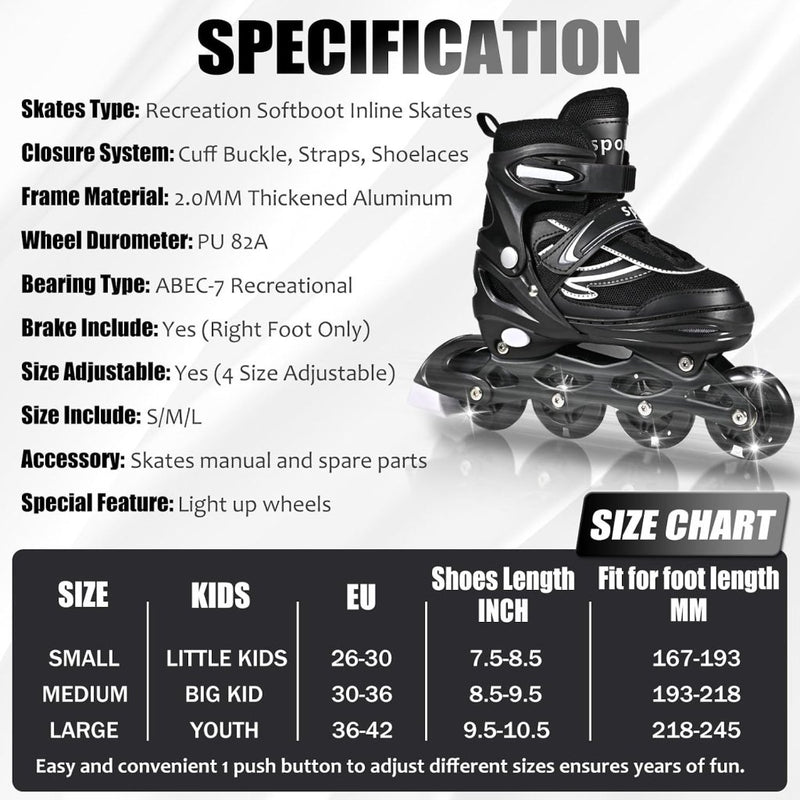 Laad afbeelding in Galerijviewer, Verstelbare kinderen inline skates voor jongens en meisjes, 4-wielige Zwart en wit inline skates voor tieners en volwassenen met lichtgevende wielen voor sport - happygetfit.com
