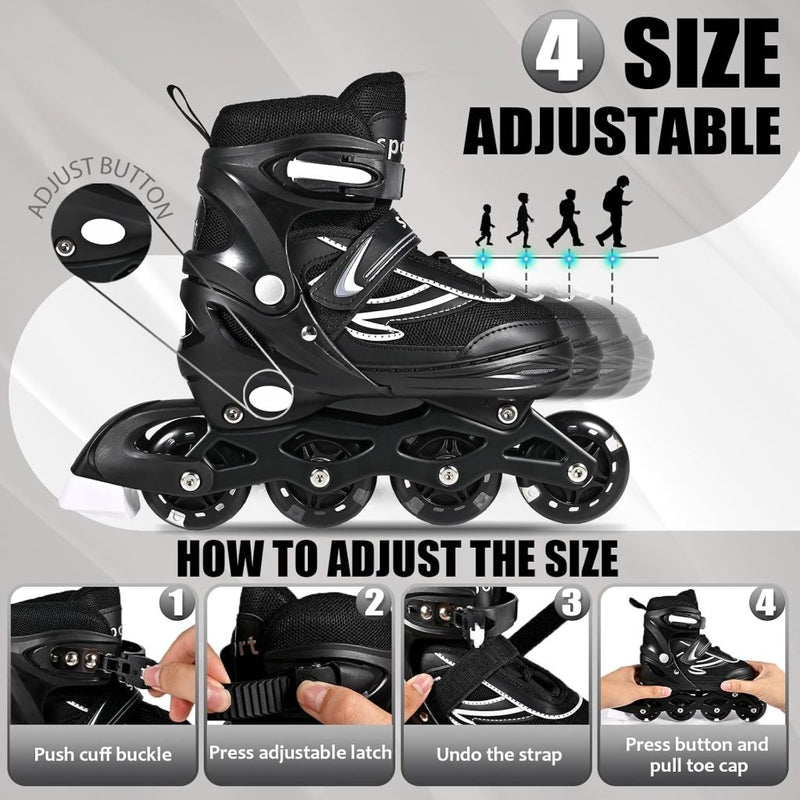 Laad afbeelding in Galerijviewer, Verstelbare kinderen inline skates voor jongens en meisjes, 4-wielige Zwart en wit inline skates voor tieners en volwassenen met lichtgevende wielen voor sport - happygetfit.com
