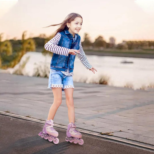 Verstelbare kinderen inline skates voor meisjes, 4-wielige inline skates voor kinderen en tieners met lichtgevende wielen voor sport, Roze Paars - happygetfit.com
