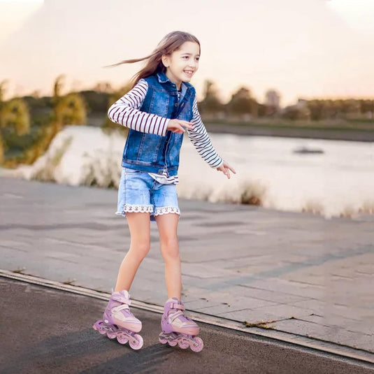 Verstelbare kinderen inline skates voor meisjes, 4-wielige inline skates voor kinderen en tieners met lichtgevende wielen voor sport, Roze Paars - happygetfit.com