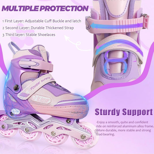 Verstelbare kinderen inline skates voor meisjes, 4-wielige inline skates voor kinderen en tieners met lichtgevende wielen voor sport, Roze Paars - happygetfit.com