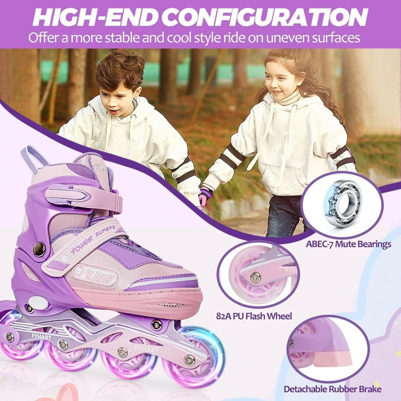 Laad afbeelding in Galerijviewer, Verstelbare kinderen inline skates voor meisjes, 4-wielige inline skates voor kinderen en tieners met lichtgevende wielen voor sport, Roze Paars - happygetfit.com
