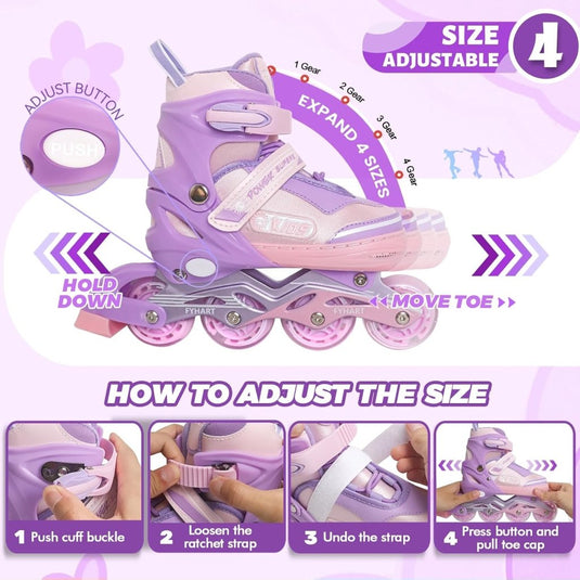 Verstelbare kinderen inline skates voor meisjes, 4-wielige inline skates voor kinderen en tieners met lichtgevende wielen voor sport, Roze Paars - happygetfit.com