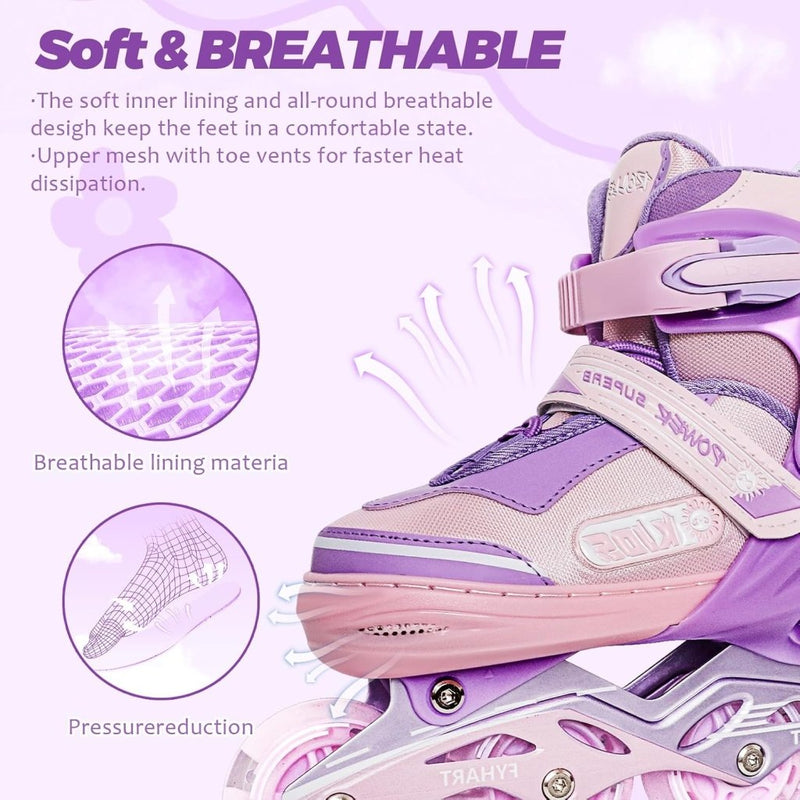 Laad afbeelding in Galerijviewer, Verstelbare kinderen inline skates voor meisjes, 4-wielige inline skates voor kinderen en tieners met lichtgevende wielen voor sport, Roze Paars - happygetfit.com

