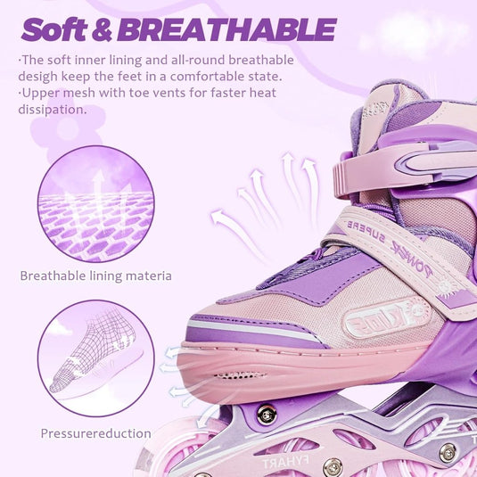 Verstelbare kinderen inline skates voor meisjes, 4-wielige inline skates voor kinderen en tieners met lichtgevende wielen voor sport, Roze Paars - happygetfit.com