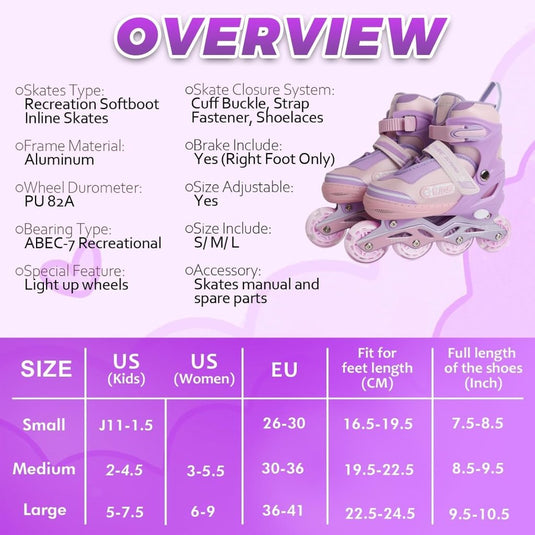 Verstelbare kinderen inline skates voor meisjes, 4-wielige inline skates voor kinderen en tieners met lichtgevende wielen voor sport, Roze Paars - happygetfit.com