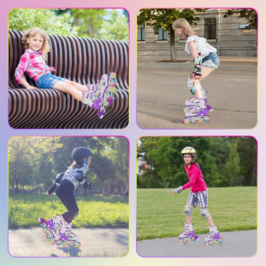 Verstelbare Kinderen inline skates voor Meisjes Beginners, Regenboog inline skates voor Kinderen en Tieners voor binnen en buiten sport Paars Regenboog - happygetfit.com