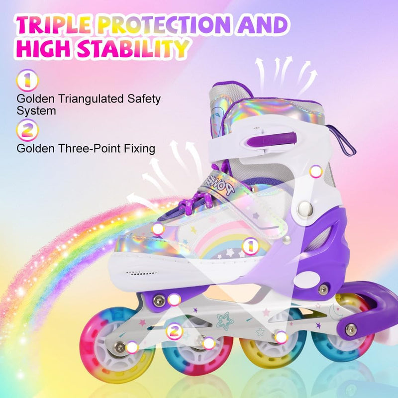 Laad afbeelding in Galerijviewer, Verstelbare Kinderen inline skates voor Meisjes Beginners, Regenboog inline skates voor Kinderen en Tieners voor binnen en buiten sport Paars Regenboog - happygetfit.com
