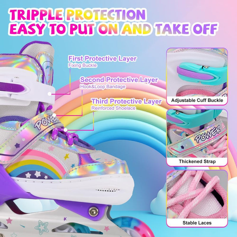 Laad afbeelding in Galerijviewer, Verstelbare Kinderen inline skates voor Meisjes Beginners, Regenboog inline skates voor Kinderen en Tieners voor binnen en buiten sport Paars Regenboog - happygetfit.com
