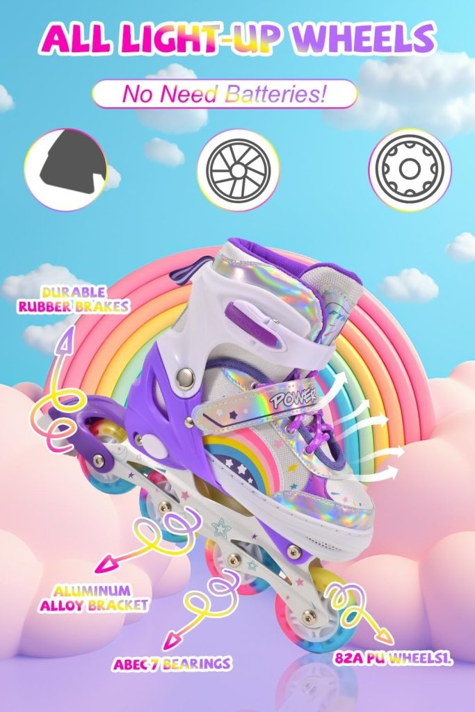 Laad afbeelding in Galerijviewer, Verstelbare Kinderen inline skates voor Meisjes Beginners, Regenboog inline skates voor Kinderen en Tieners voor binnen en buiten sport Paars Regenboog - happygetfit.com
