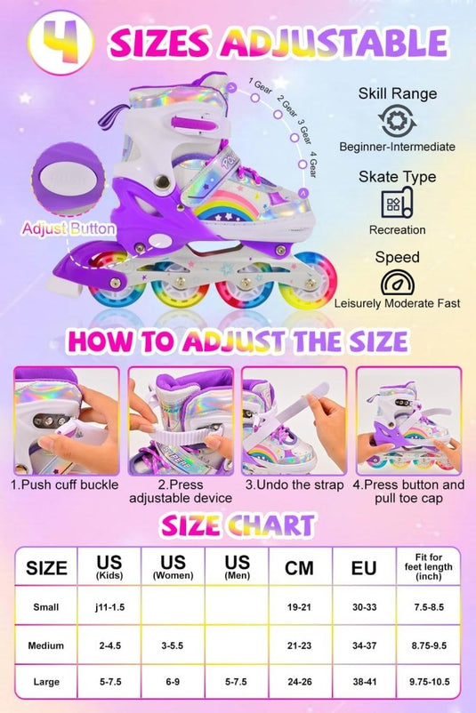 Verstelbare Kinderen inline skates voor Meisjes Beginners, Regenboog inline skates voor Kinderen en Tieners voor binnen en buiten sport Paars Regenboog - happygetfit.com