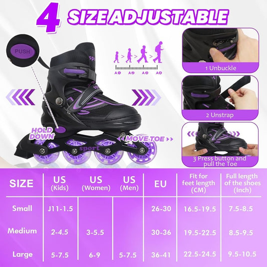 Verstelbare Kinderen inline skates voor Meisjes Jongens Beginners, Inline skates voor Kinderen en Tieners met lichtgevende wielen voor binnen en buiten Sport Paars & Blauw - happygetfit.com