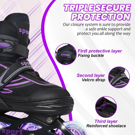 Verstelbare Kinderen inline skates voor Meisjes Jongens Beginners, Inline skates voor Kinderen en Tieners met lichtgevende wielen voor binnen en buiten Sport Paars & Blauw - happygetfit.com