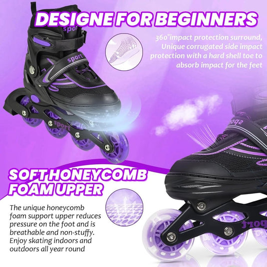 Verstelbare Kinderen inline skates voor Meisjes Jongens Beginners, Inline skates voor Kinderen en Tieners met lichtgevende wielen voor binnen en buiten Sport Paars & Blauw - happygetfit.com