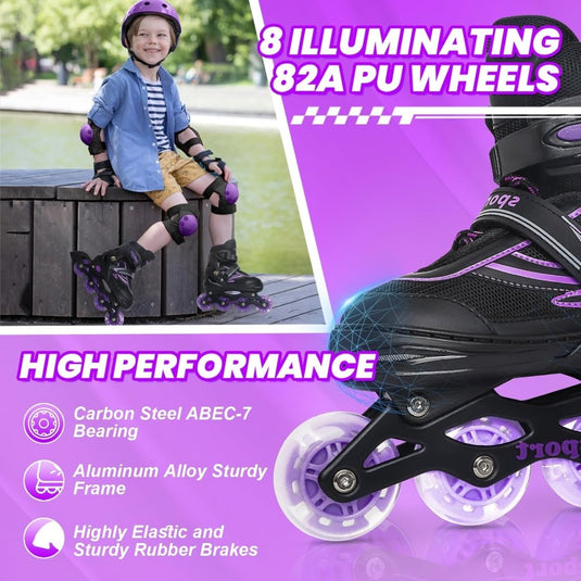 Verstelbare Kinderen inline skates voor Meisjes Jongens Beginners, Inline skates voor Kinderen en Tieners met lichtgevende wielen voor binnen en buiten Sport Paars & Blauw - happygetfit.com