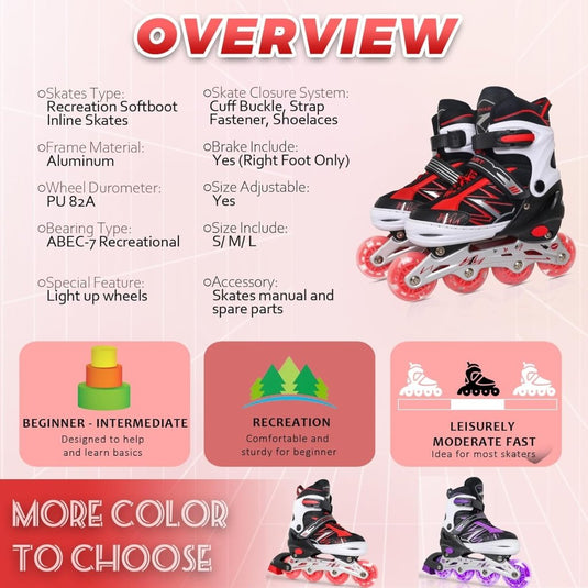 Verstelbare Kinderen inline skates voor Meisjes Jongens Beginners, Paars & Rood Inline skates voor Kinderen en Tieners met lichtgevende wielen voor binnen en buiten Sport - happygetfit.com