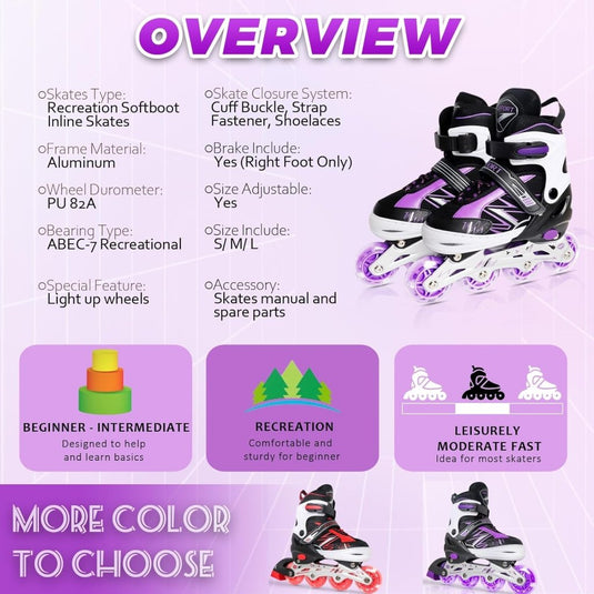 Verstelbare Kinderen inline skates voor Meisjes Jongens Beginners, Paars & Rood Inline skates voor Kinderen en Tieners met lichtgevende wielen voor binnen en buiten Sport - happygetfit.com