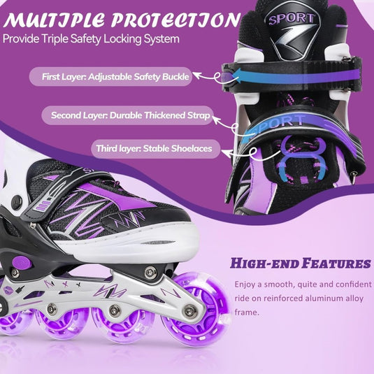 Verstelbare Kinderen inline skates voor Meisjes Jongens Beginners, Paars & Rood Inline skates voor Kinderen en Tieners met lichtgevende wielen voor binnen en buiten Sport - happygetfit.com