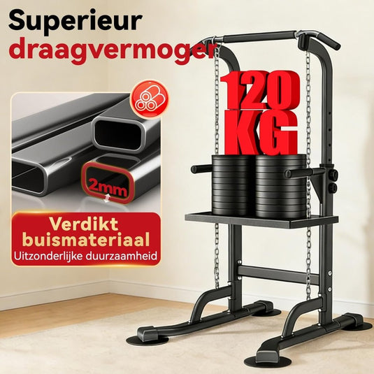 Verstelbare power tower 4-in-1 met optrekstang en dipstation tot 120 kg – krachtstation – fitnessrek - happygetfit.com