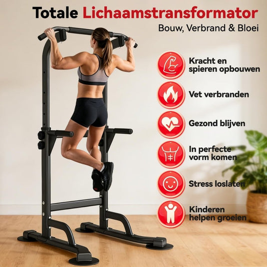 Verstelbare power tower 4-in-1 met optrekstang en dipstation tot 120 kg – krachtstation – fitnessrek - happygetfit.com
