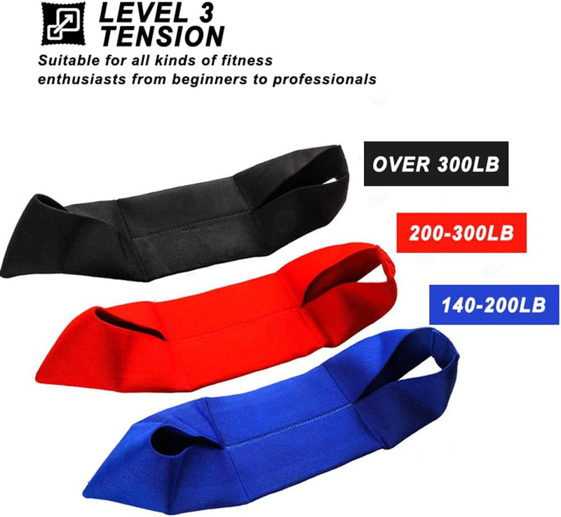 Laad afbeelding in Galerijviewer, De set &quot;Versterk je kracht en verbetering je prestaties met de ultieme bankdruk weerstandsband&quot; bevat drie fitnessweerstandsbanden in de kleuren zwart, rood en blauw met spanningsniveaus: meer dan 300lb, 200-300lb en 140-200lb - ideaal voor krachttraining met progressieve weerstand voor alle fitnessniveaus.
