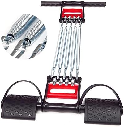 Versterk je lichaam met de multifunctionele expander! Deze compacte en draagbare trainer heeft vijf metalen veren, een verstelbare weerstand, zwarte handvaten, en voetpedalen. Een close-up toont de gedetailleerde veren voor optimale training.