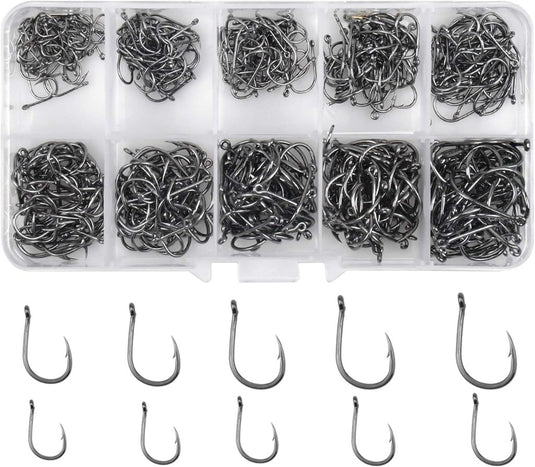 Vishaken 500 stuks van koolstofstaal in 10 maten met weerhaken en opbergdoos – visaas haken – hengeluitrusting - happygetfit.com