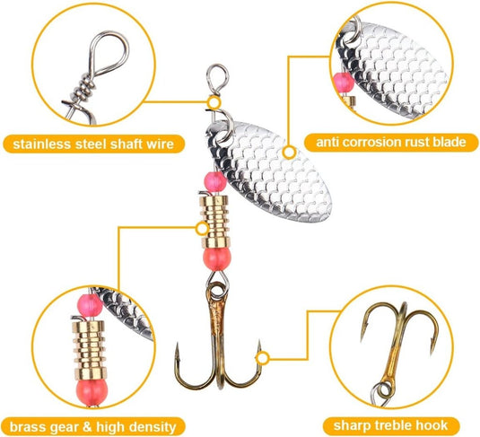 Visspinners 16 stuks 7,5 cm van metaal met reflecterende bladen en scherpe dreggen – forelspinners – roofvisaccessoires - happygetfit.com