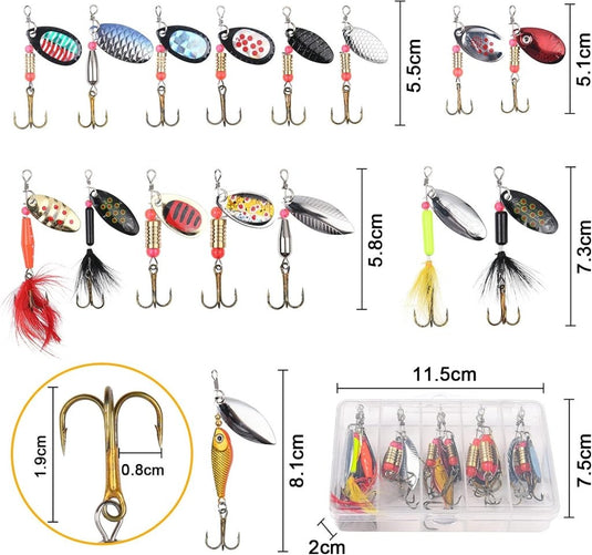 Visspinners 16 stuks 7,5 cm van metaal met reflecterende bladen en scherpe dreggen – forelspinners – roofvisaccessoires - happygetfit.com