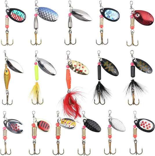 Visspinners 16 stuks 7,5 cm van metaal met reflecterende bladen en scherpe dreggen – forelspinners – roofvisaccessoires - happygetfit.com