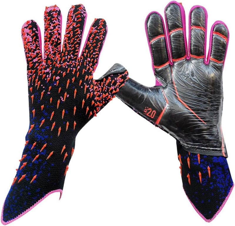 Laad afbeelding in Galerijviewer, De ultieme keepershandschoenen voor topprestaties! ⚽️ biedt uitstekende bescherming en stijl, zijn voornamelijk zwart met opvallende oranje en roze accenten, hebben gripvlakken, duurzame plastic bedekte handpalmen en een opvallende patroon op de achterkant voor geweldige prestaties op het veld.
