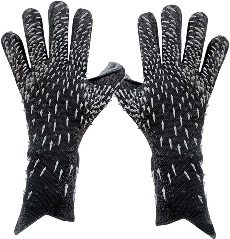 Laad afbeelding in Galerijviewer, Zwarte antisliphandschoenen met vissenschubbentextuur en verhoogde patronen voor uitstekende grip. Ideaal als &quot;De ultieme keepershandschoenen voor topprestaties! ⚽️&quot; die verbeterde bescherming bieden onder verschillende omstandigheden.
