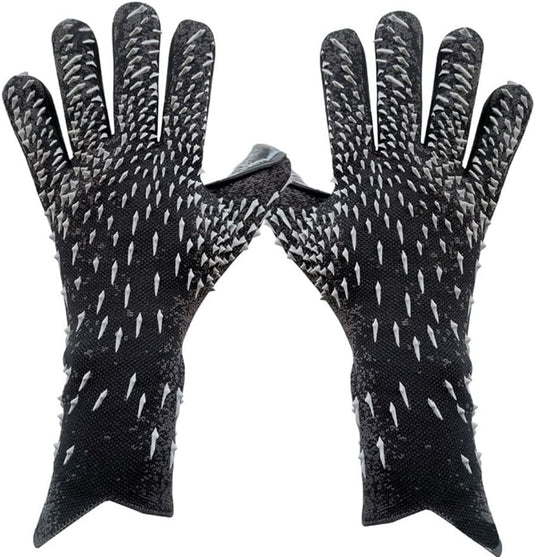 Zwarte antisliphandschoenen met vissenschubbentextuur en verhoogde patronen voor uitstekende grip. Ideaal als "De ultieme keepershandschoenen voor topprestaties! ⚽️" die verbeterde bescherming bieden onder verschillende omstandigheden.