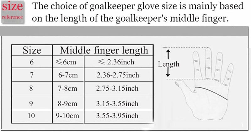 Laad afbeelding in Galerijviewer, Maattabel voor De ultieme keepershandschoenen voor topprestaties! ⚽️ toont de maten 6 tot en met 10 op basis van de lengte van de middelvinger in cm en inches, met een handdiagram met een gelabelde middelvinger voor betere grip en bescherming.
