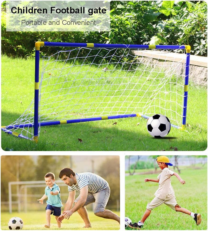 Laad afbeelding in Galerijviewer, Collage met &quot;Het perfecte kindervoetbaldoel – Plezier en training voor de kleine voetballiefhebbers!&quot; en twee afbeeldingen van kinderen die genieten van speelplezier voetbal op het gras.

